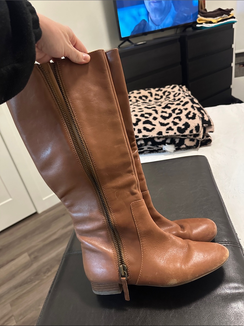 Nine West Cognac Brown Leather Knee Boots with Side Zip - Picture 6 of 10